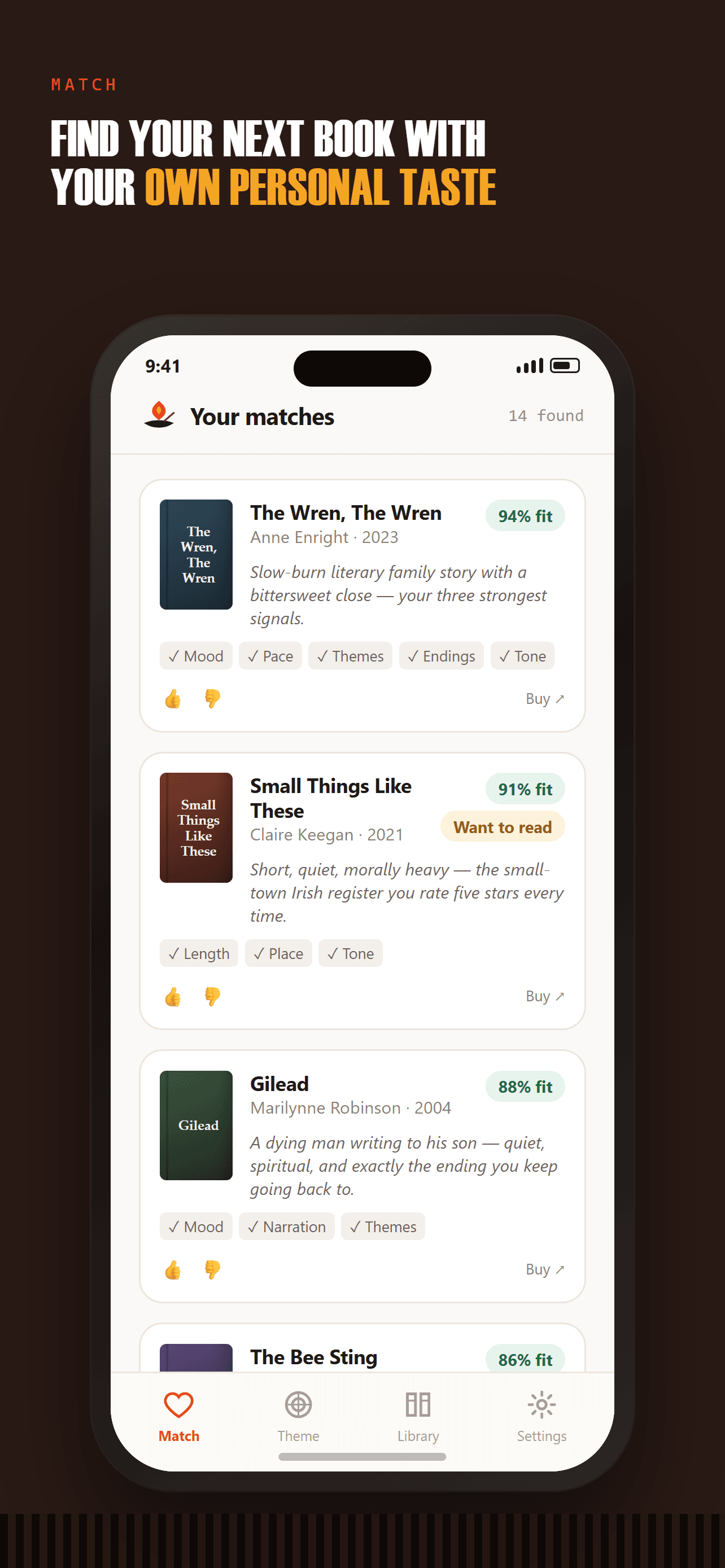 The Match screen: four books with a fit percentage, a sentence explaining why each one fits, and the dimensions it matched.