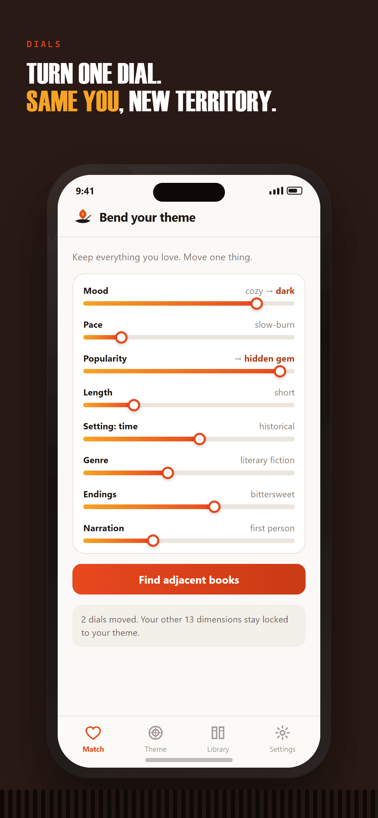 The dials screen: sliders for each dimension, with one moved away from the reader's usual setting.