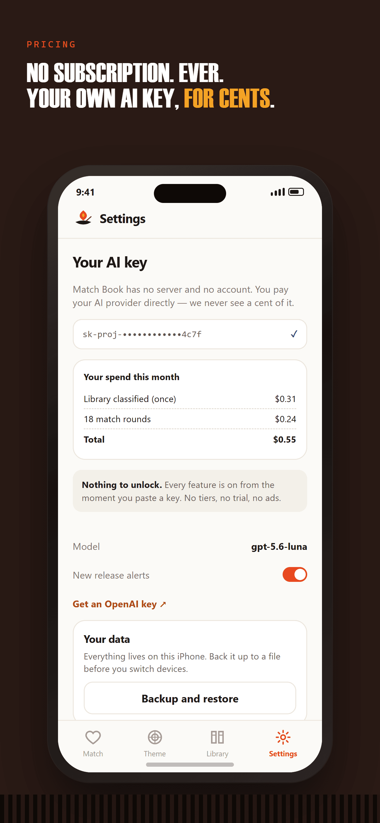 The pricing screen: a breakdown showing a one-off cost of about thirty cents to read a library, and a few cents per round of matches.