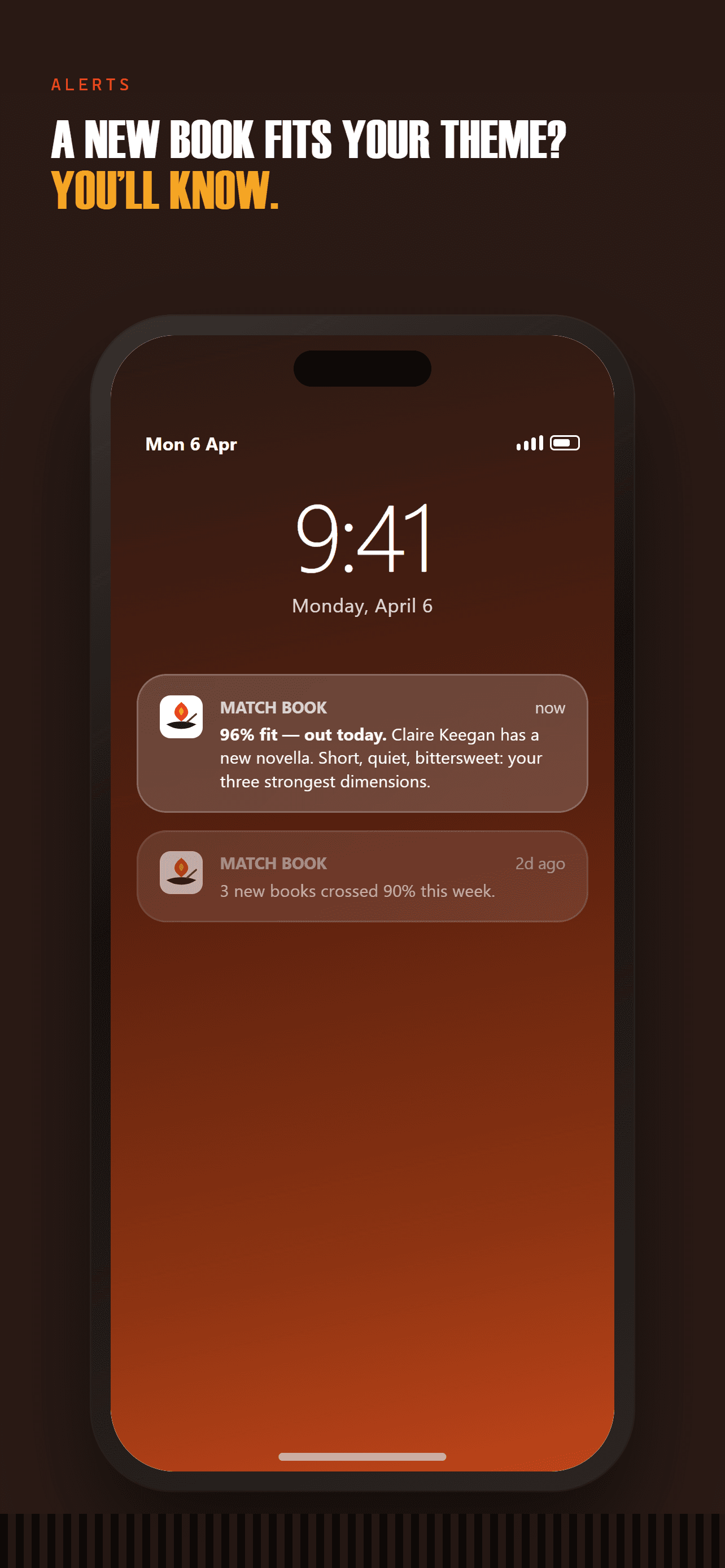A lock screen notification announcing a newly published book that matches the reader's theme.